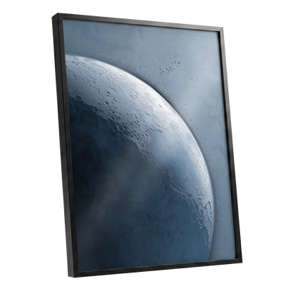 Lunar Murmuration, blue, gray, black nature wall art shown as a black framed poster wall art print