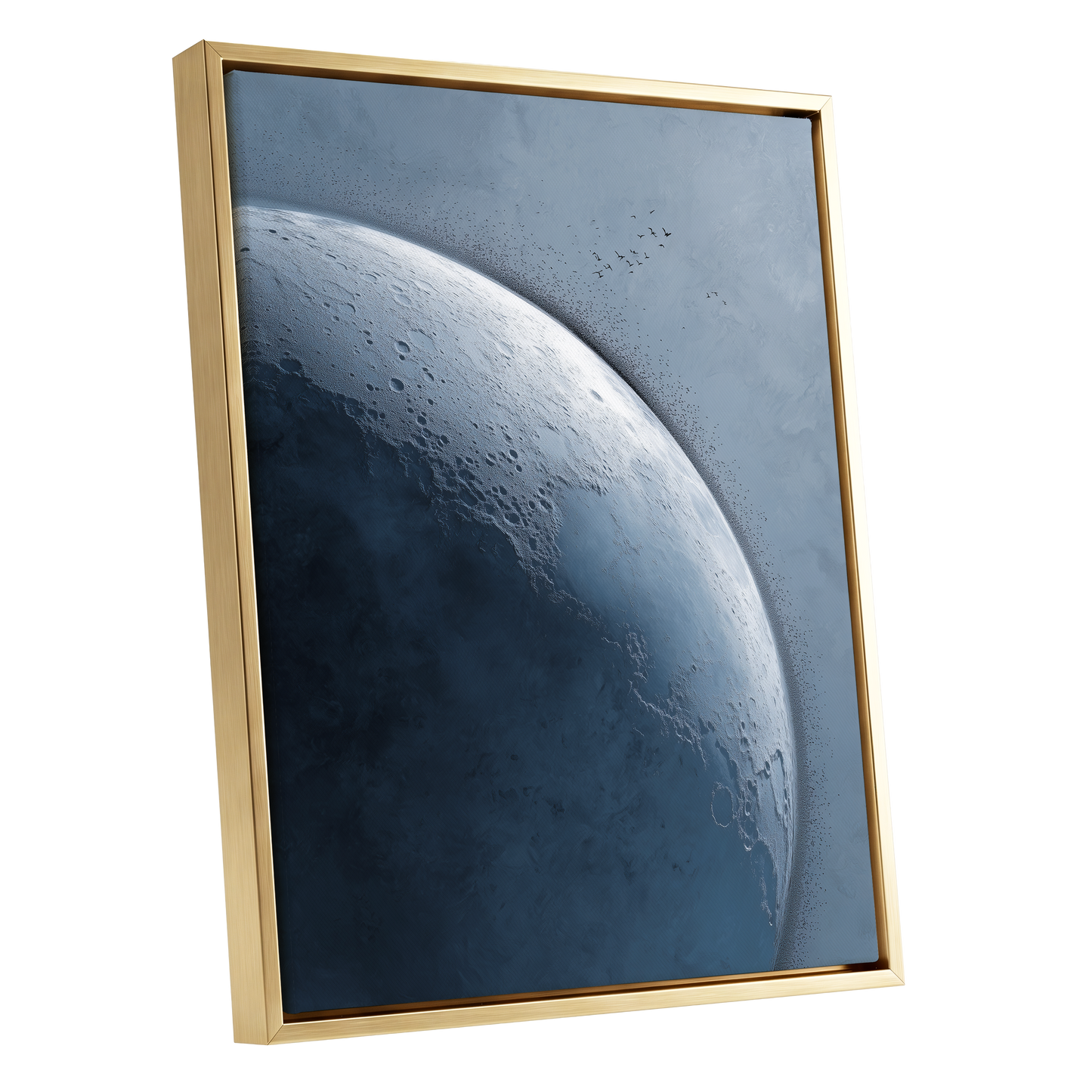 Lunar Murmuration, blue, gray, black nature wall art shown as a gold framed canvas wall art