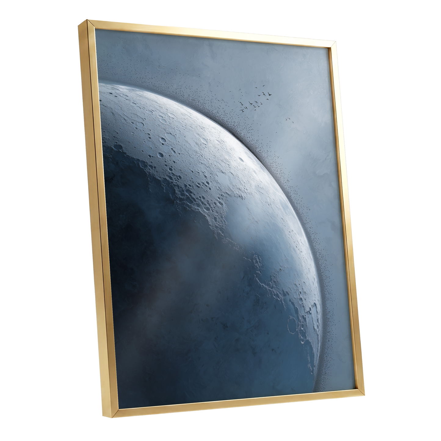 Lunar Murmuration, blue, gray, black nature wall art shown as a gold framed poster wall art print
