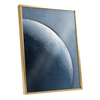 Lunar Murmuration, blue, gray, black nature wall art shown as a gold framed poster wall art print