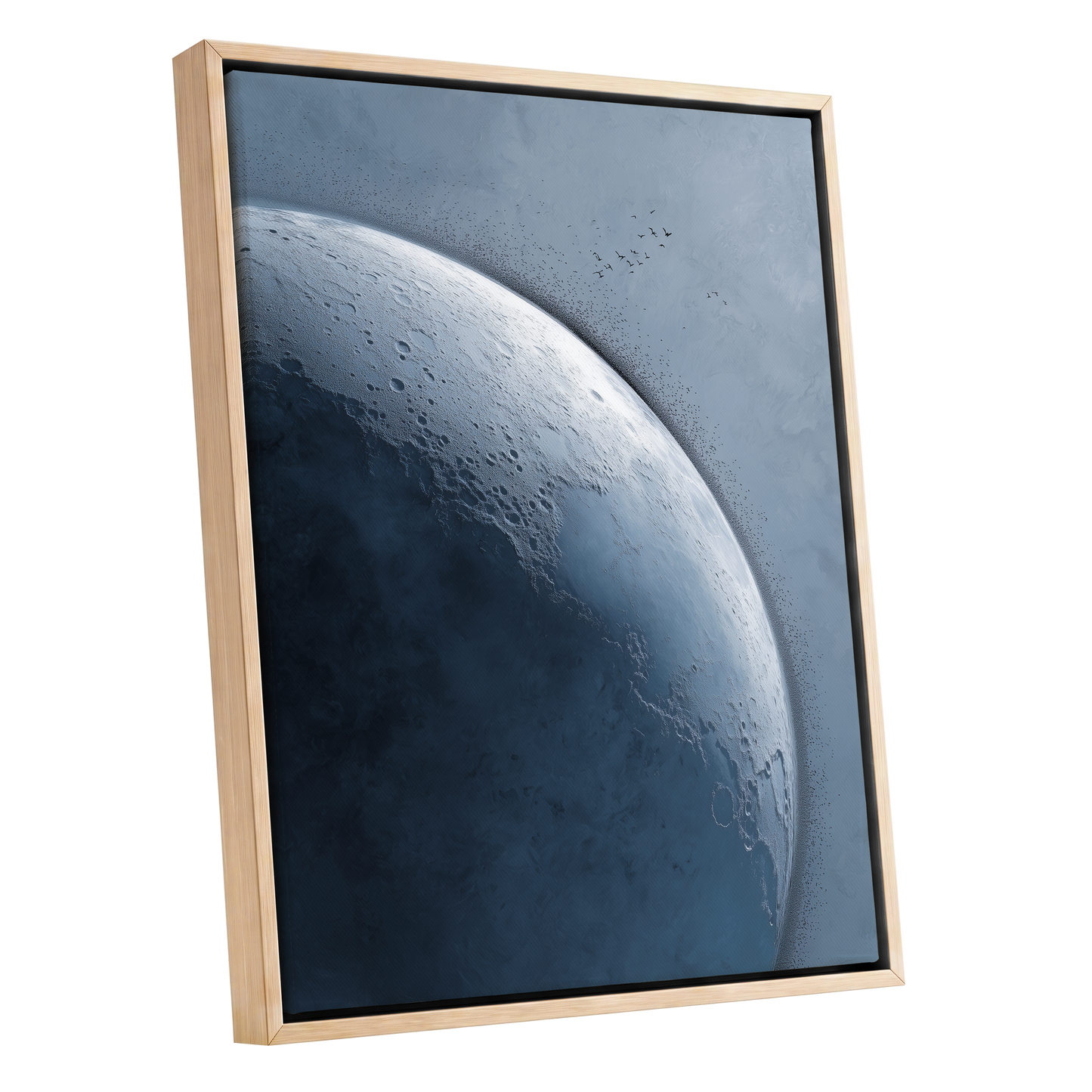 Lunar Murmuration, blue, gray, black nature wall art shown as a oak framed canvas wall art