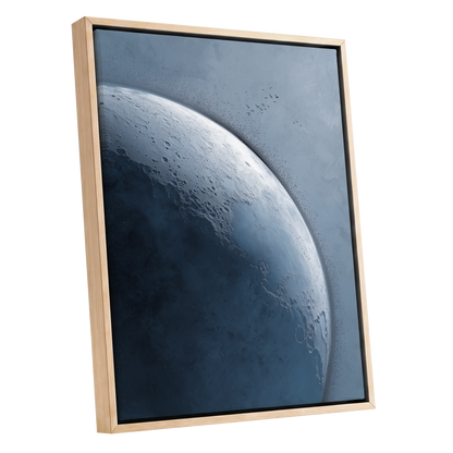 Lunar Murmuration, blue, gray, black nature wall art shown as a oak framed canvas wall art