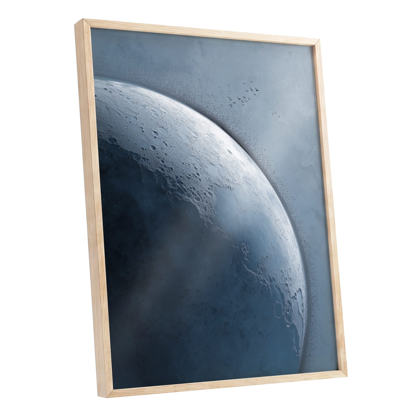 Lunar Murmuration, blue, gray, black nature wall art shown as a oak framed poster wall art print