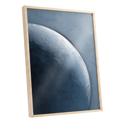 Lunar Murmuration, blue, gray, black nature wall art shown as a oak framed poster wall art print
