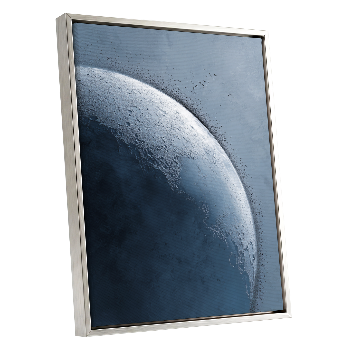 Lunar Murmuration, blue, gray, black nature wall art shown as a silver framed canvas wall art