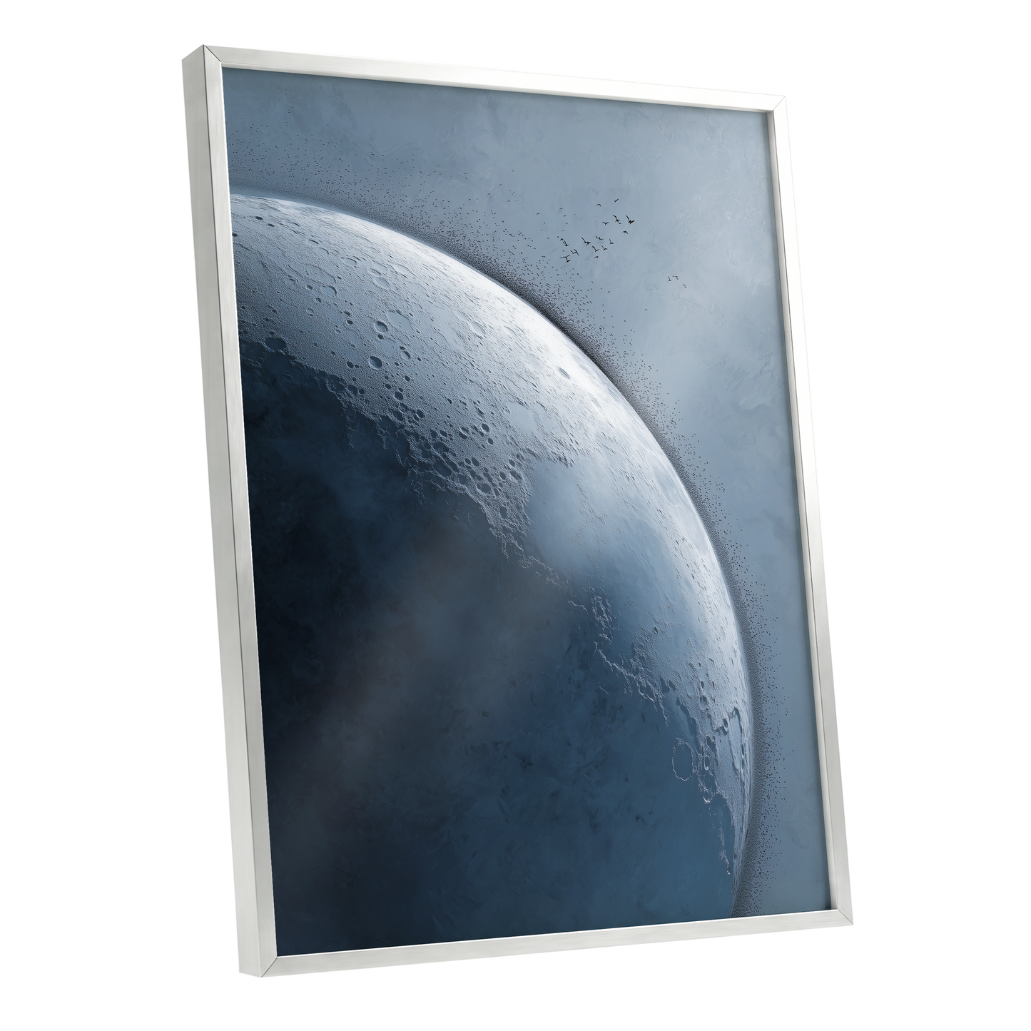 Lunar Murmuration, blue, gray, black nature wall art shown as a silver framed poster wall art print