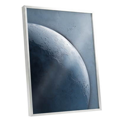 Lunar Murmuration, blue, gray, black nature wall art shown as a silver framed poster wall art print