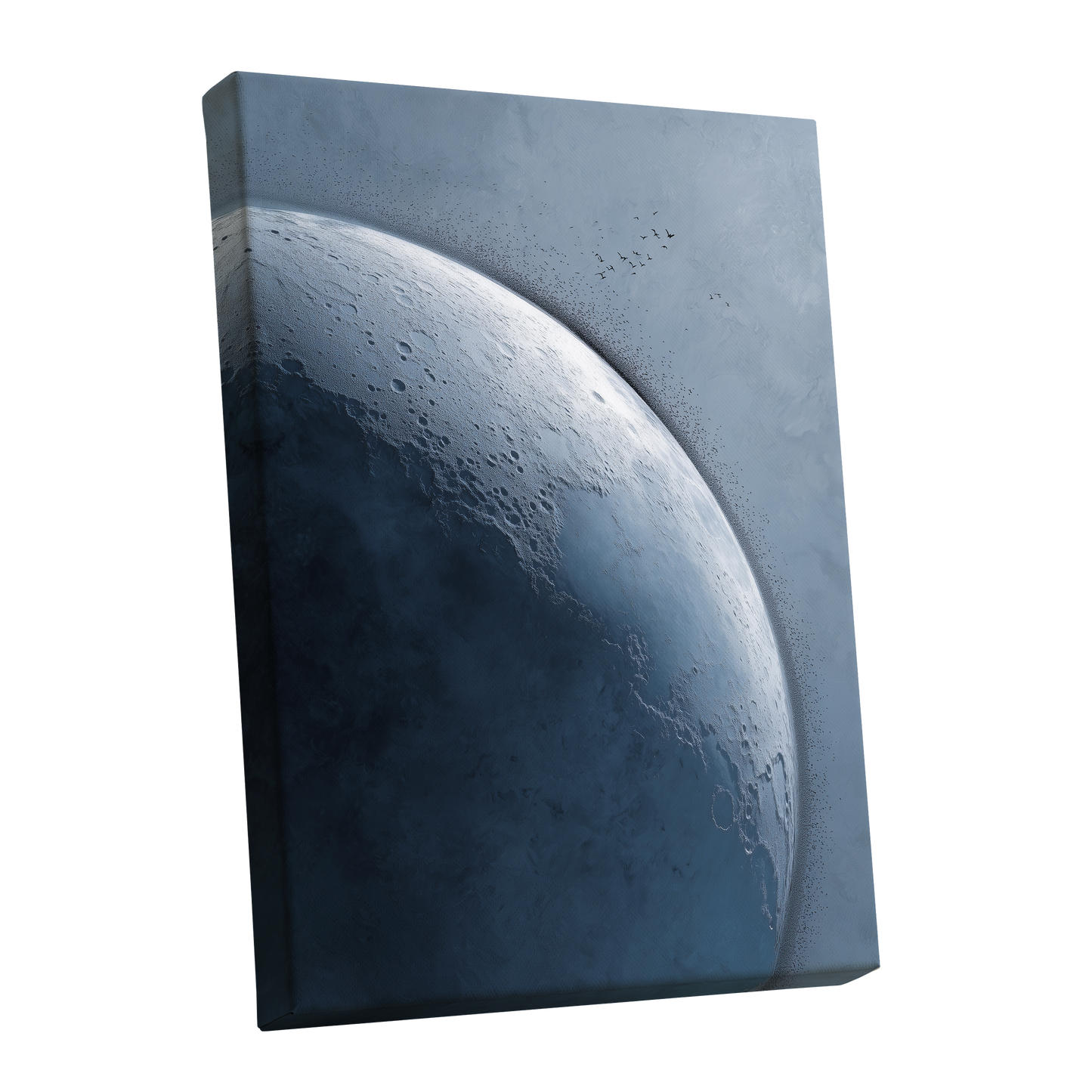 Lunar Murmuration, blue, gray, black nature wall art shown as a stretched canvas wall art