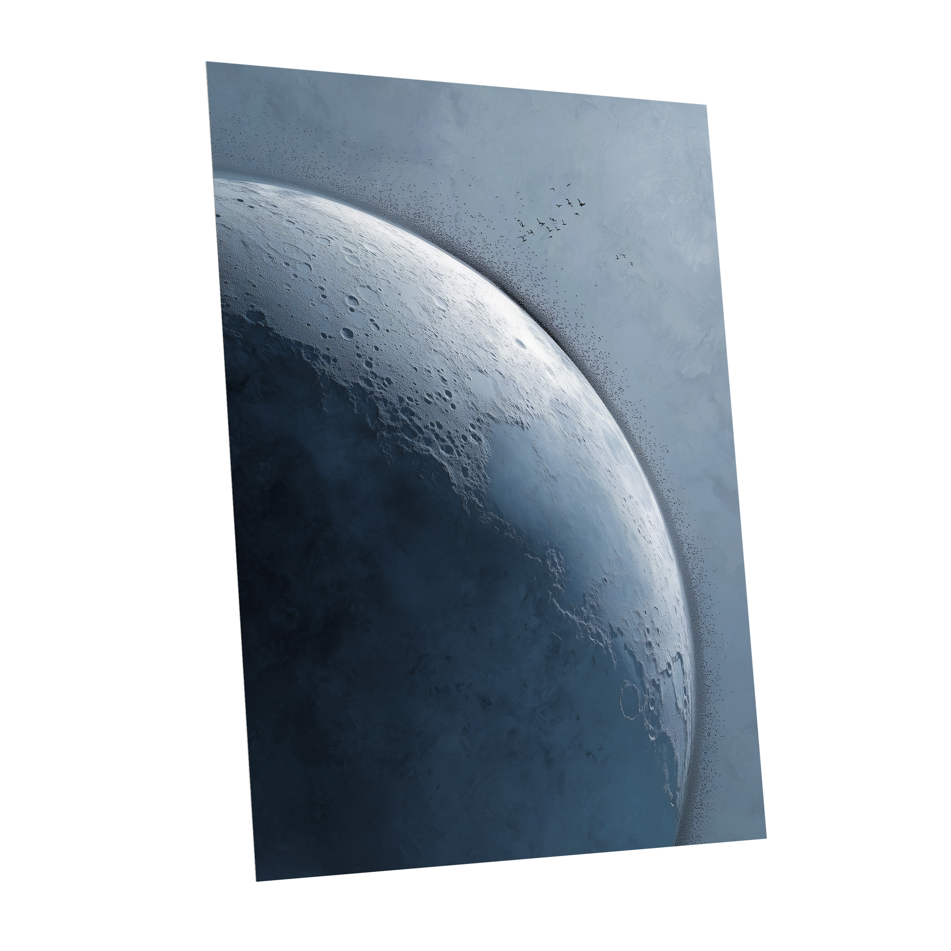 Lunar Murmuration, blue, gray, black nature wall art shown as a unframed poster wall art print