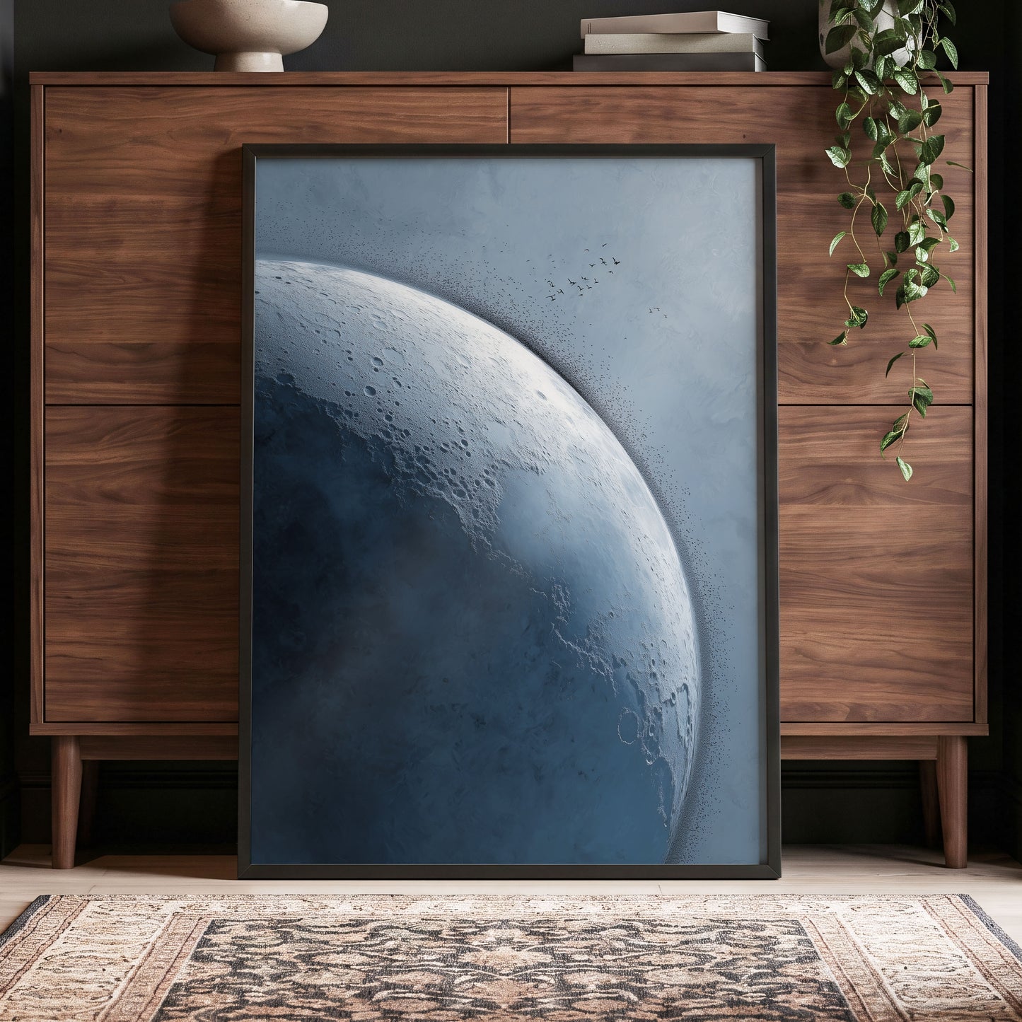 Lunar Murmuration, blue, gray, black nature wall art displayed in a styled interior, gallery view 2