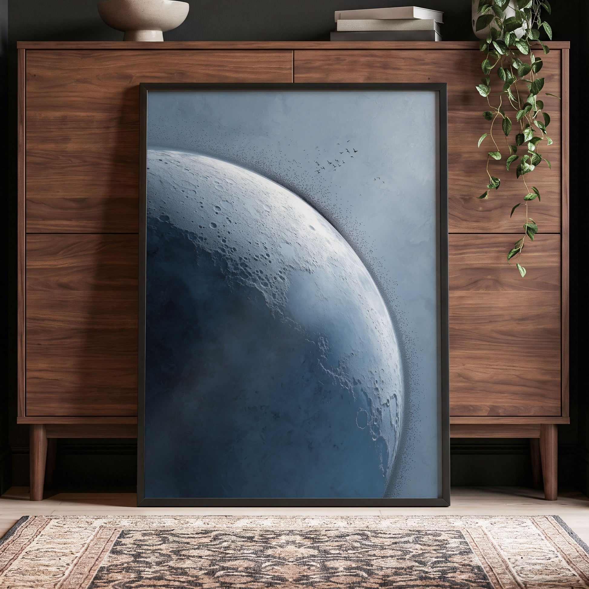 Lunar Murmuration, blue, gray, black nature wall art displayed in a styled interior, gallery view 2