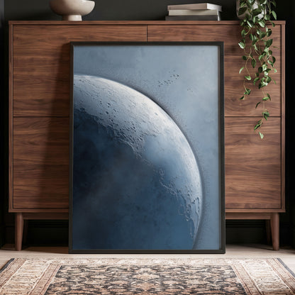 Lunar Murmuration, blue, gray, black nature wall art displayed in a styled interior, gallery view 2