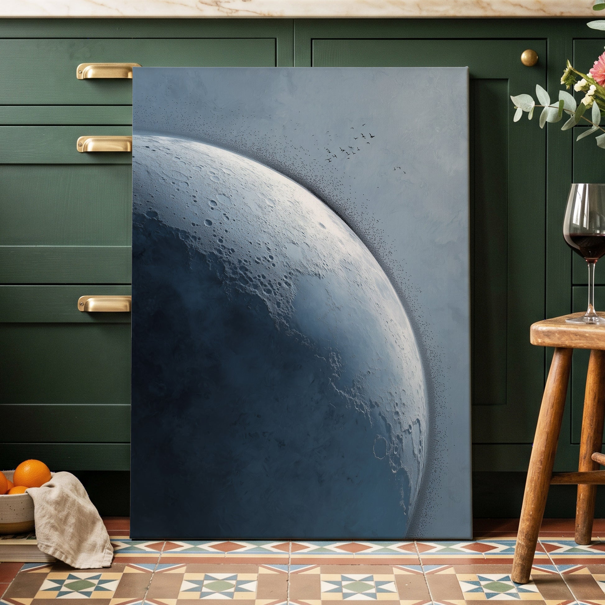 Lunar Murmuration, blue, gray, black nature wall art displayed in a styled interior, gallery view 3