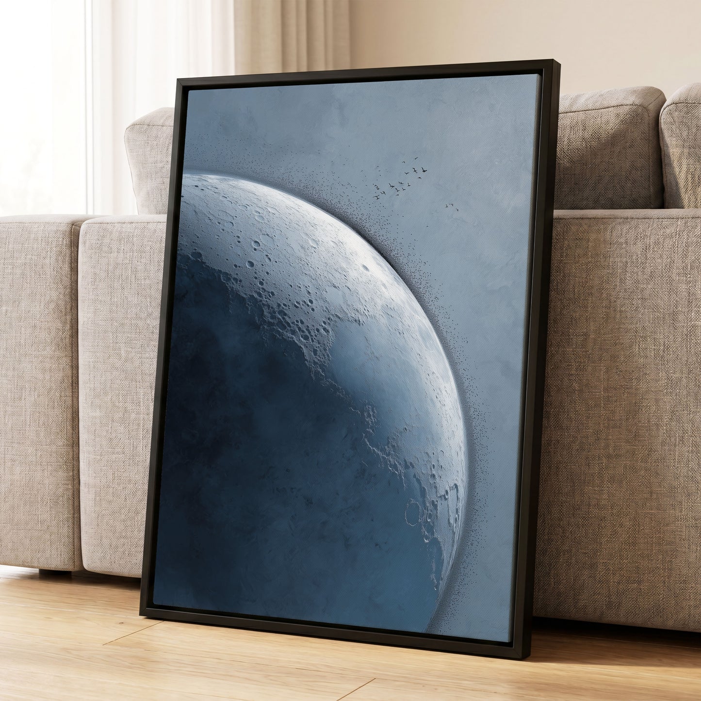 Lunar Murmuration, blue, gray, black nature wall art displayed in a styled interior, gallery view 4