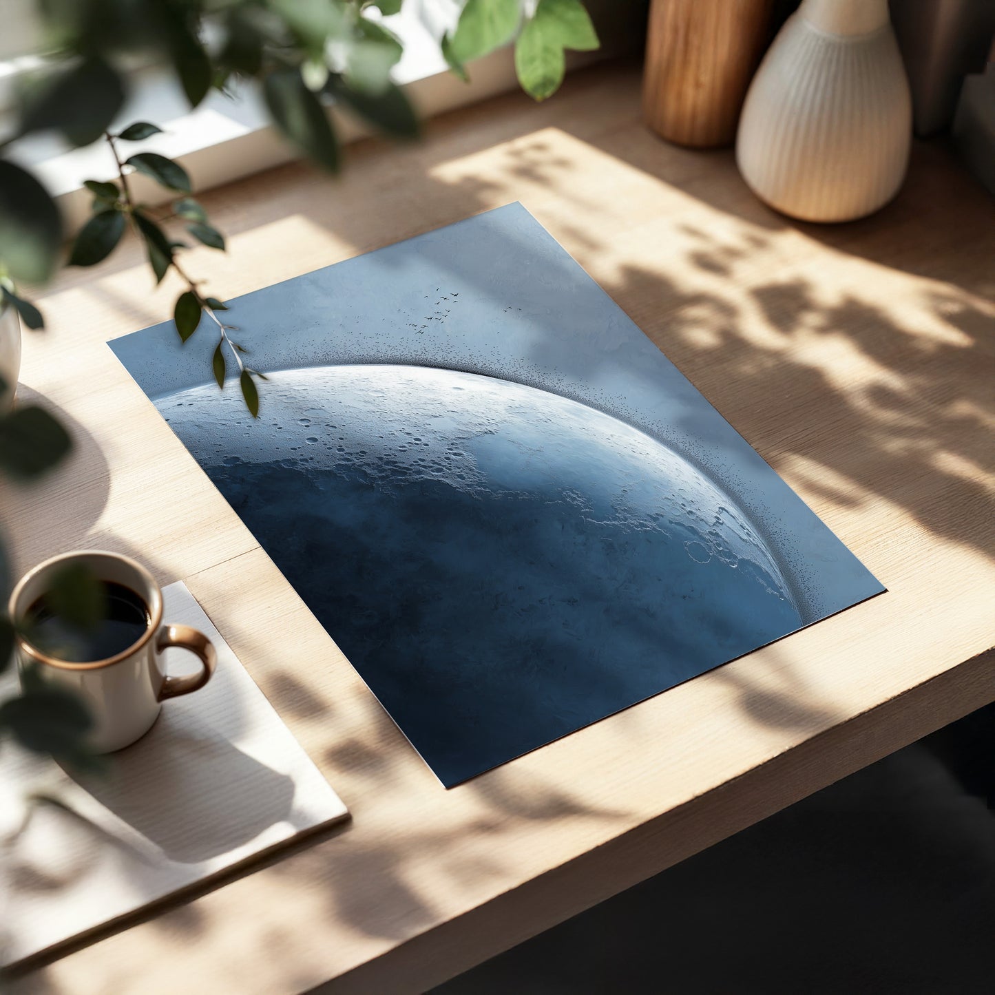 Lunar Murmuration, blue, gray, black nature wall art displayed in a styled interior, gallery view 5