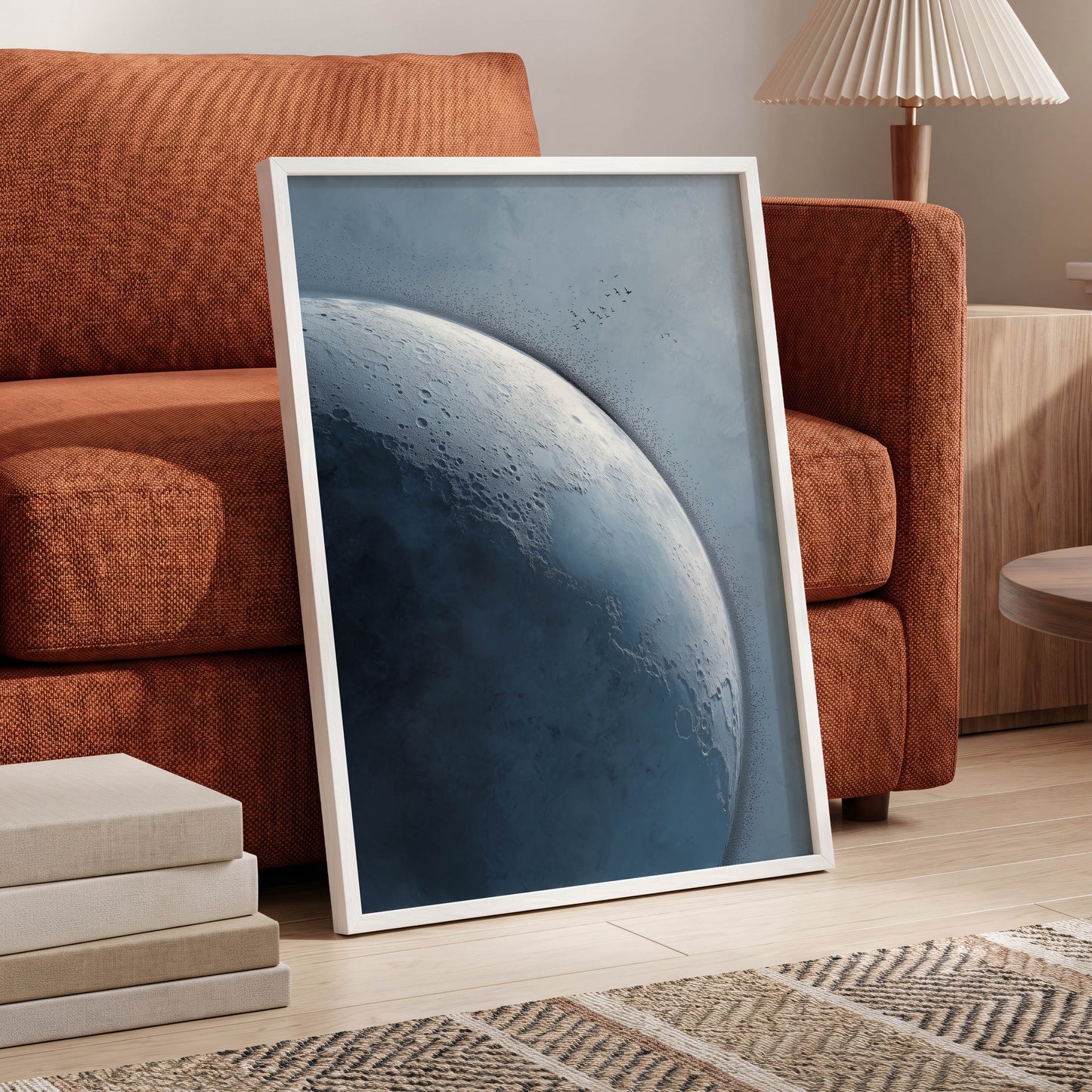 Lunar Murmuration, blue, gray, black nature wall art displayed in a styled interior, gallery view 6