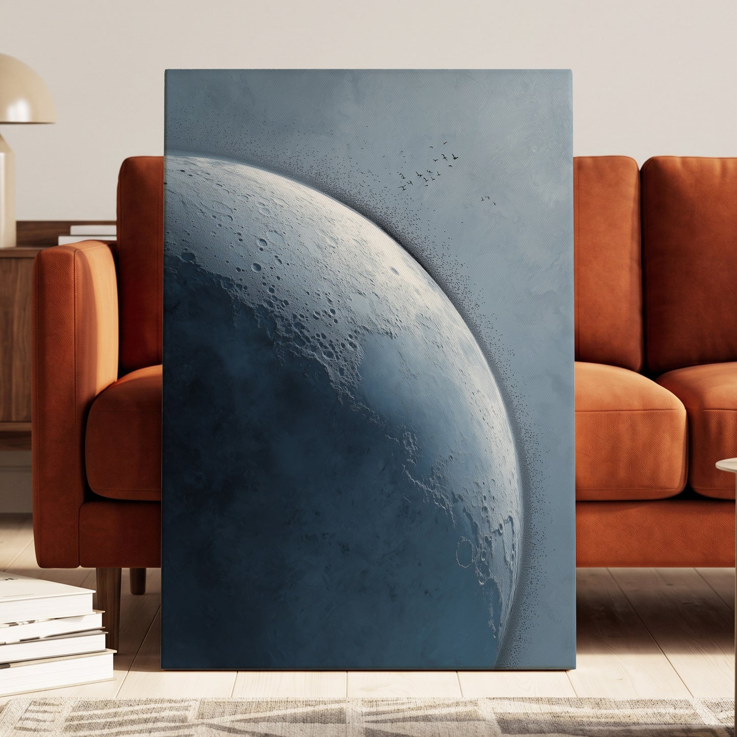 Lunar Murmuration, blue, gray, black nature wall art displayed in a styled interior, gallery view 7