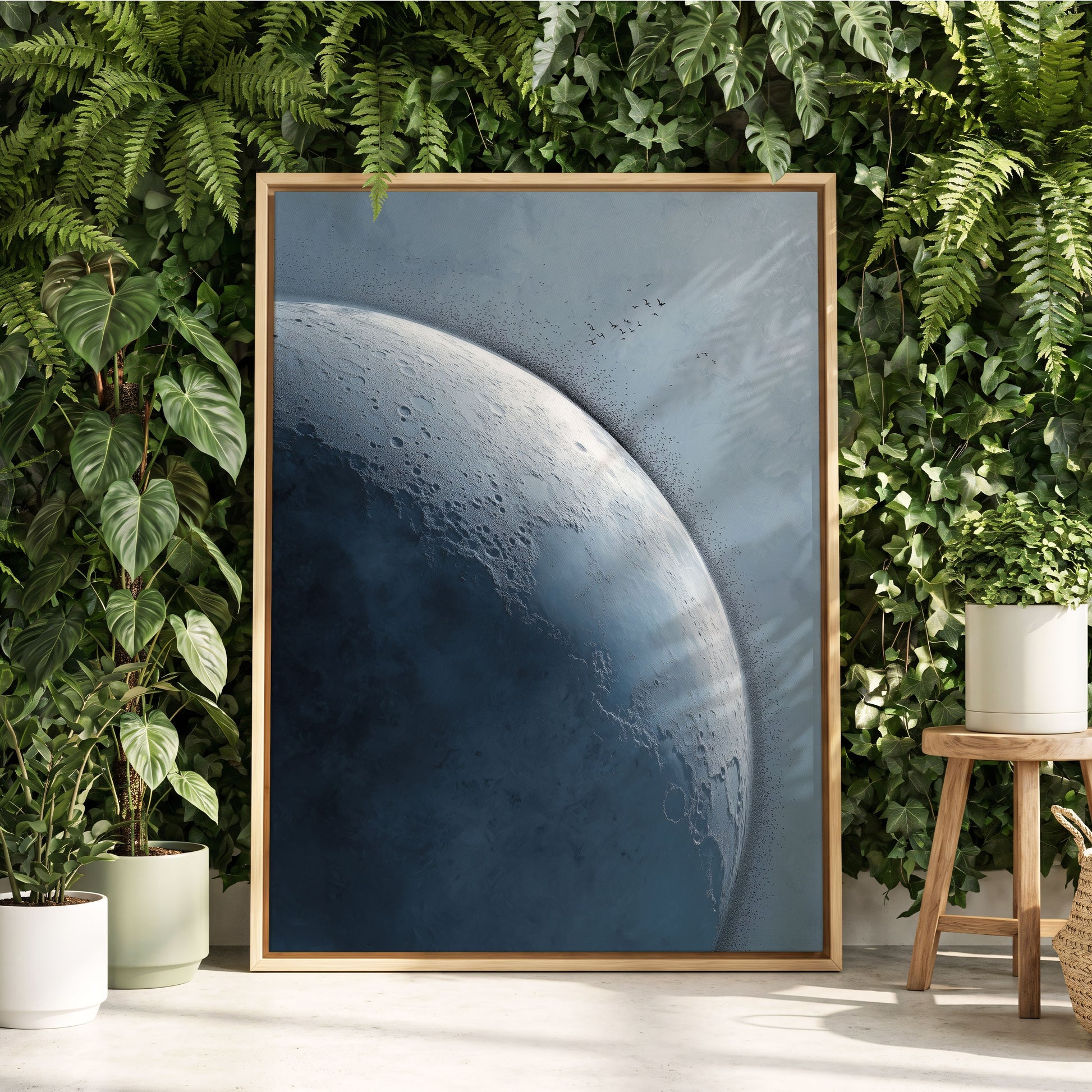 Lunar Murmuration, blue, gray, black nature wall art displayed in a styled interior, gallery view 8