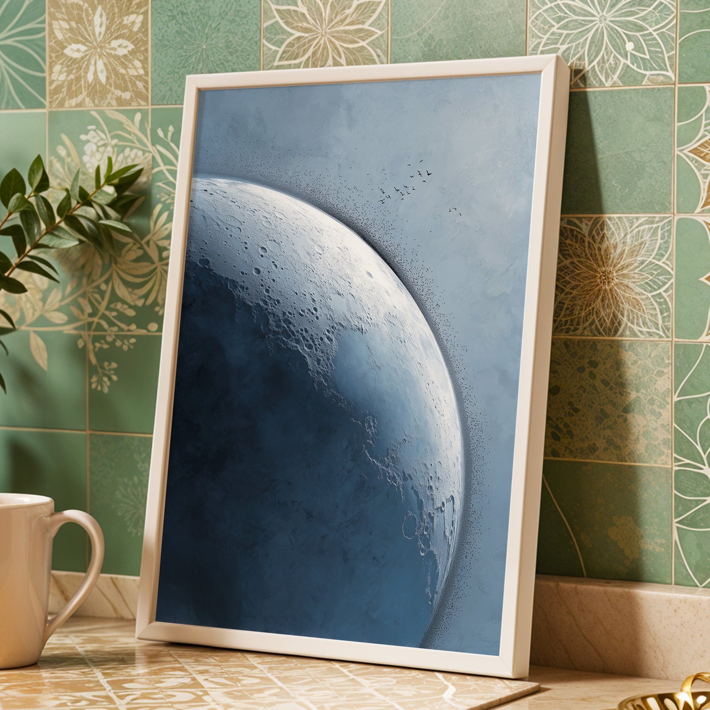Lunar Murmuration, blue, gray, black nature wall art displayed in a styled interior, gallery view 9