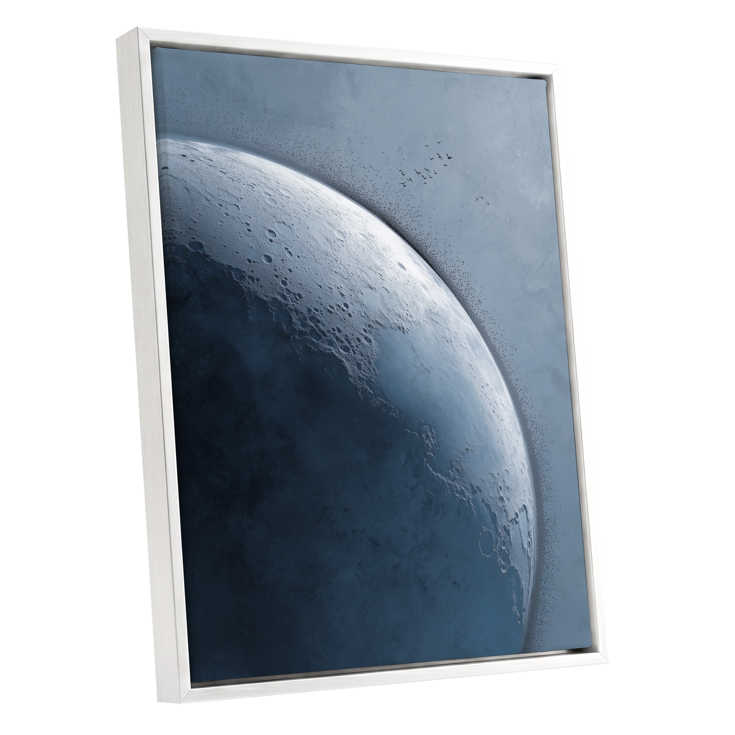Lunar Murmuration, blue, gray, black nature wall art shown as a white framed canvas wall art