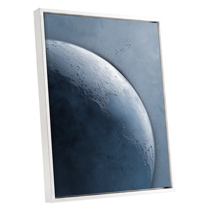 Lunar Murmuration, blue, gray, black nature wall art shown as a white framed canvas wall art