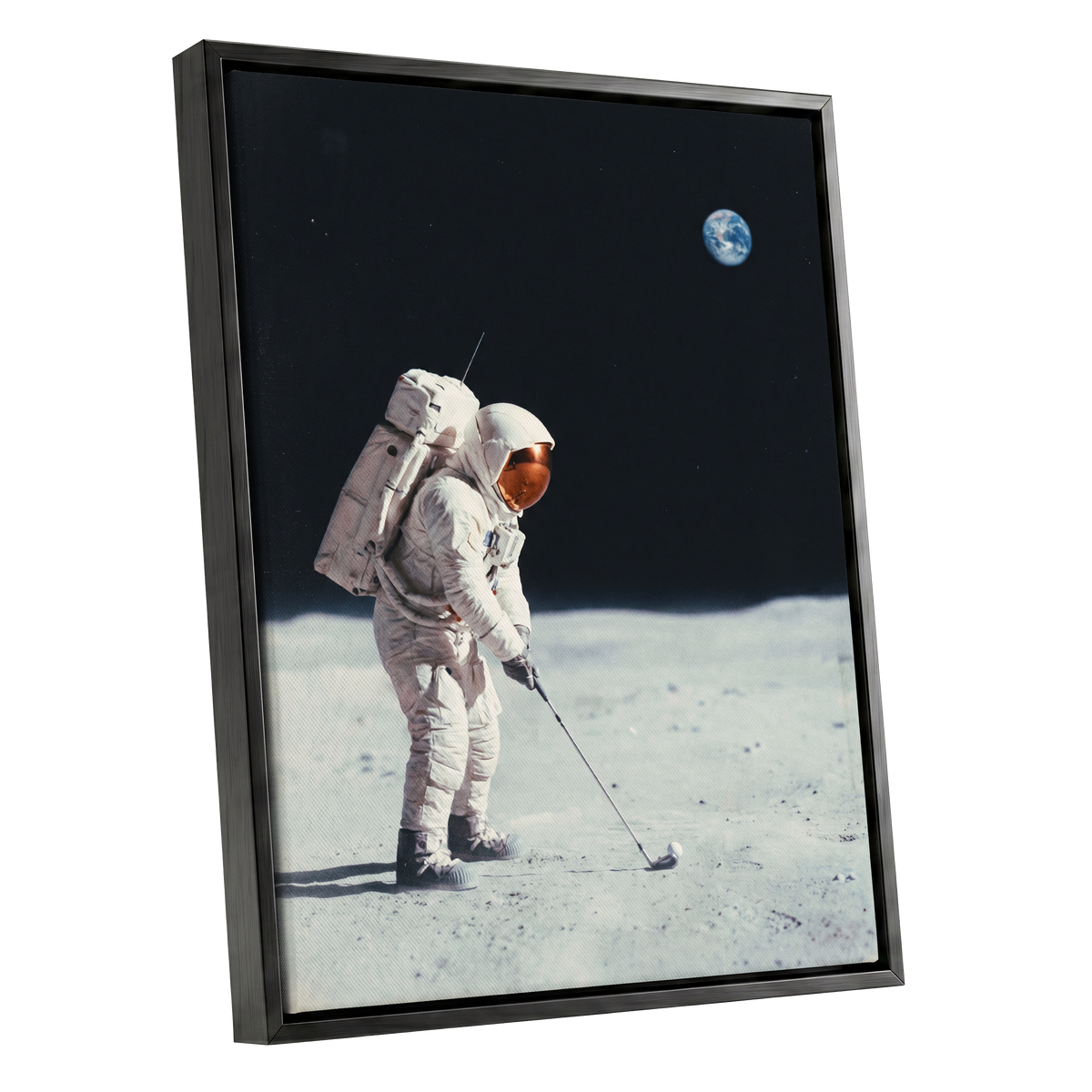 Lunar Tee Time, black, white, gray minimalist wall art shown as a black framed canvas wall art