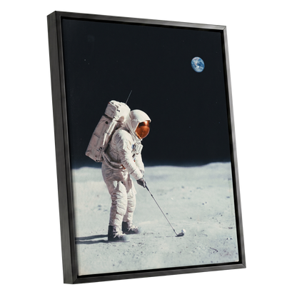 Lunar Tee Time, black, white, gray minimalist wall art shown as a black framed canvas wall art