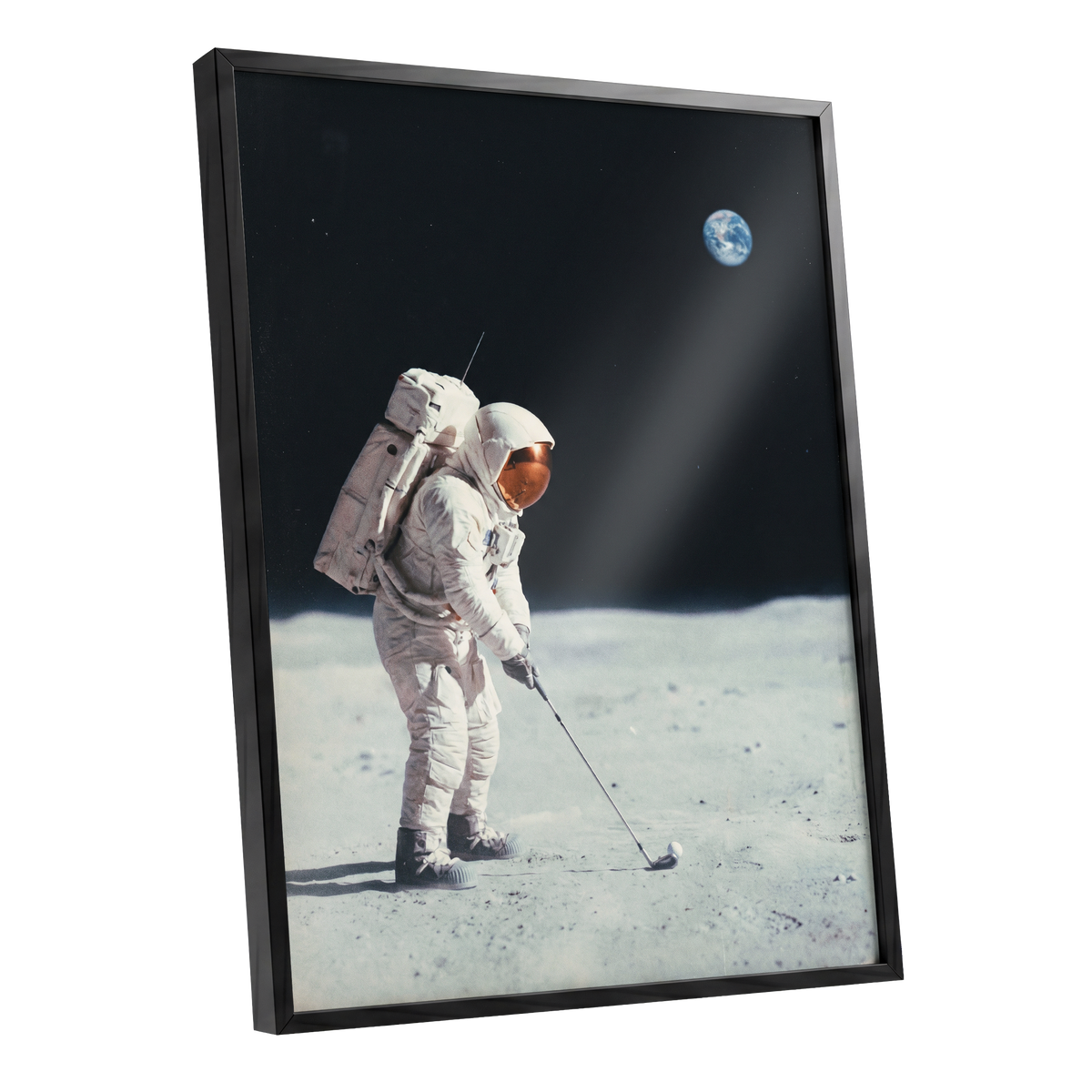 Lunar Tee Time, black, white, gray minimalist wall art shown as a black framed poster wall art print