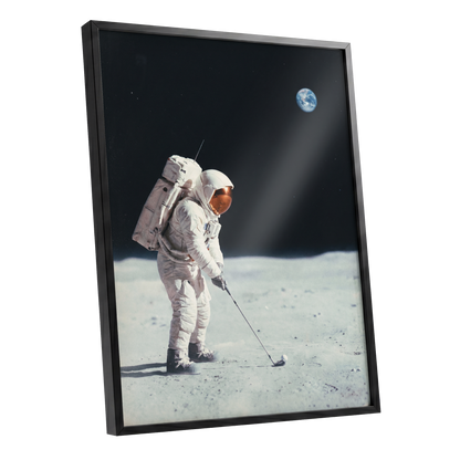 Lunar Tee Time, black, white, gray minimalist wall art shown as a black framed poster wall art print
