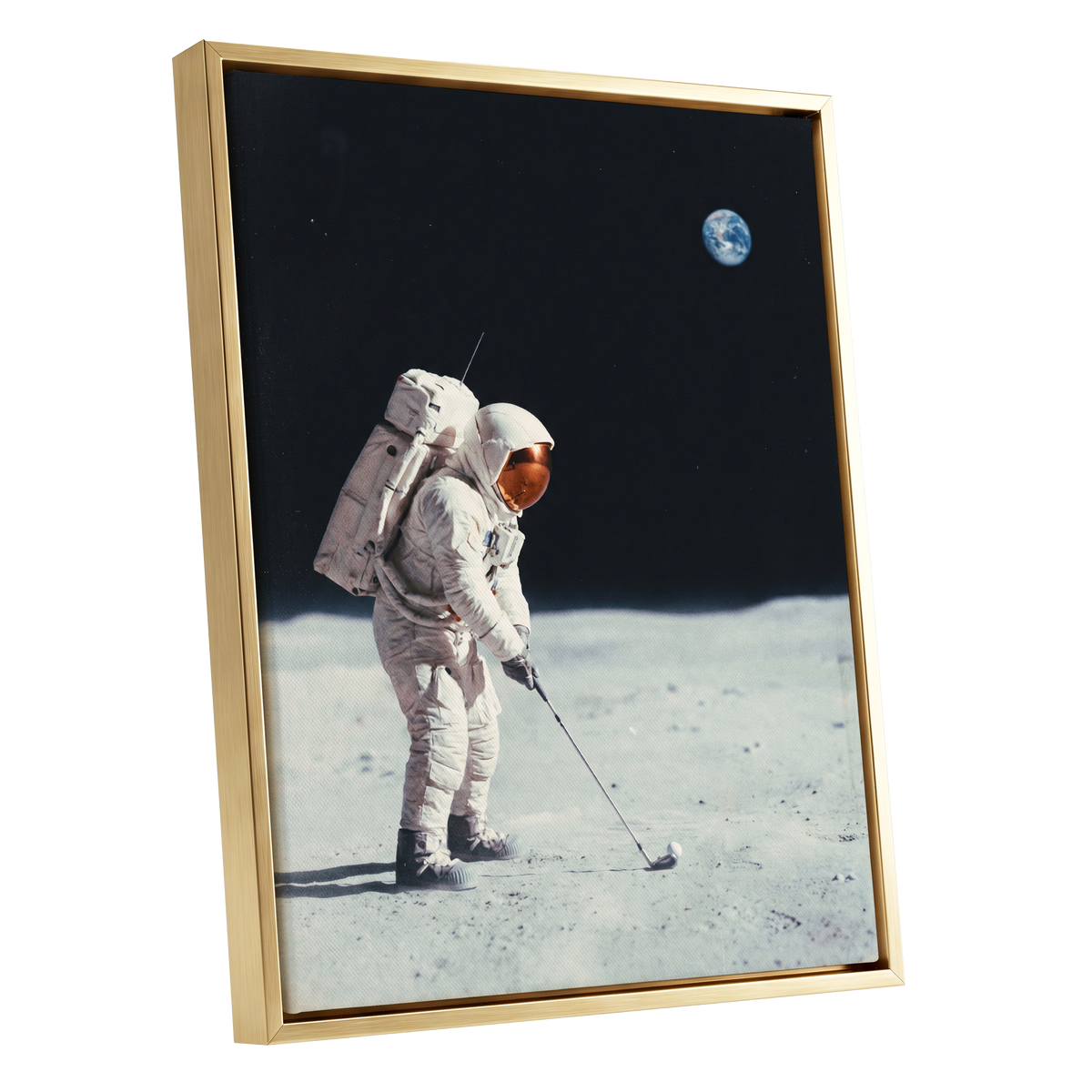 Lunar Tee Time, black, white, gray minimalist wall art shown as a gold framed canvas wall art