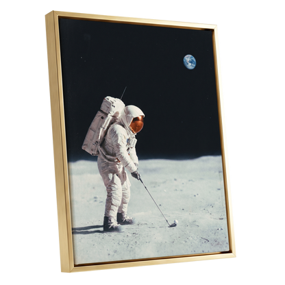 Lunar Tee Time, black, white, gray minimalist wall art shown as a gold framed canvas wall art