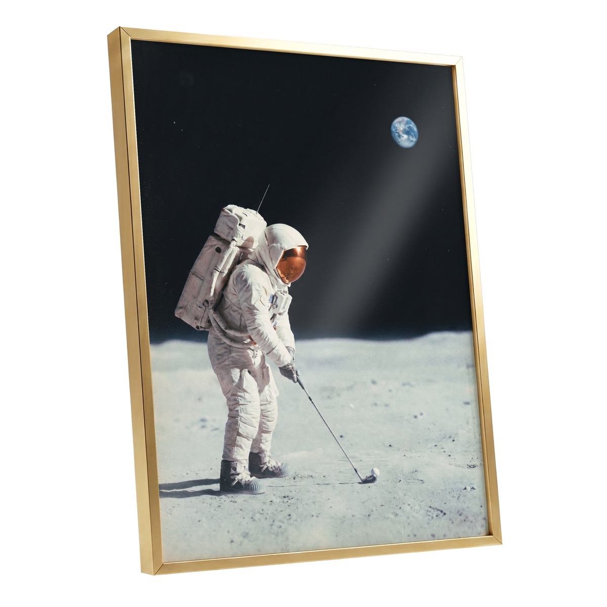 Lunar Tee Time, black, white, gray minimalist wall art shown as a gold framed poster wall art print