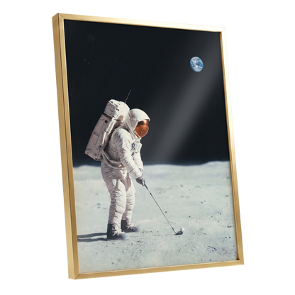 Lunar Tee Time, black, white, gray minimalist wall art shown as a gold framed poster wall art print