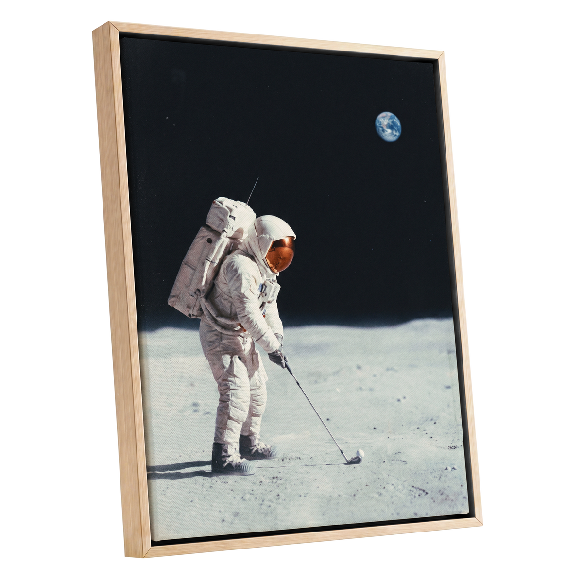 Lunar Tee Time, black, white, gray minimalist wall art shown as a oak framed canvas wall art