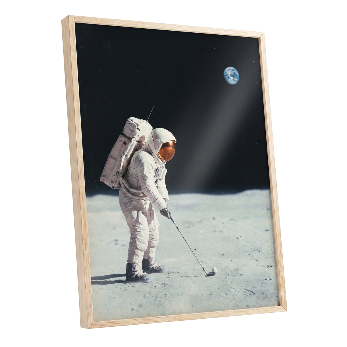 Lunar Tee Time, black, white, gray minimalist wall art shown as a oak framed poster wall art print