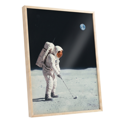Lunar Tee Time, black, white, gray minimalist wall art shown as a oak framed poster wall art print