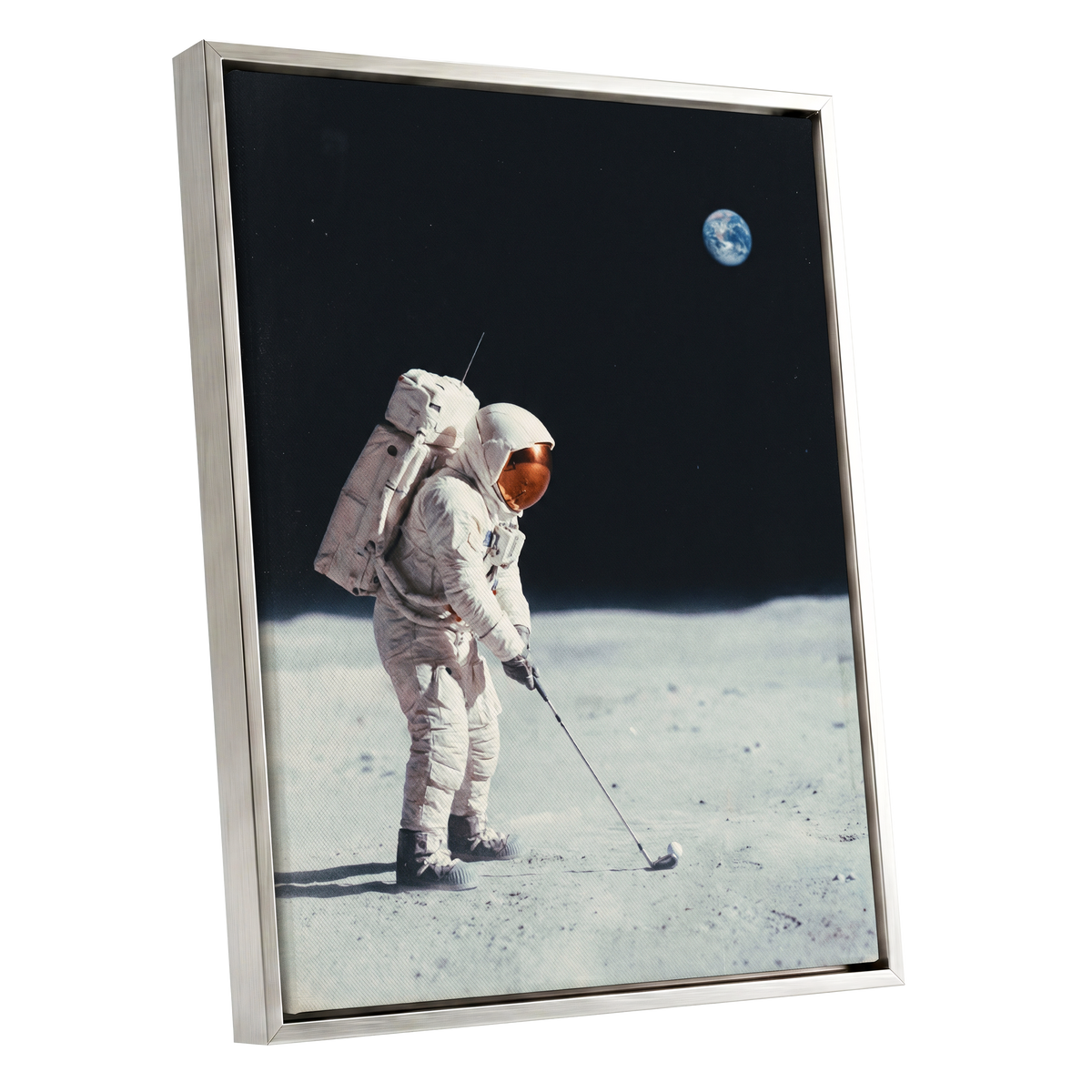 Lunar Tee Time, black, white, gray minimalist wall art shown as a silver framed canvas wall art
