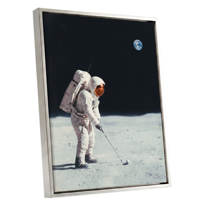 Lunar Tee Time, black, white, gray minimalist wall art shown as a silver framed canvas wall art