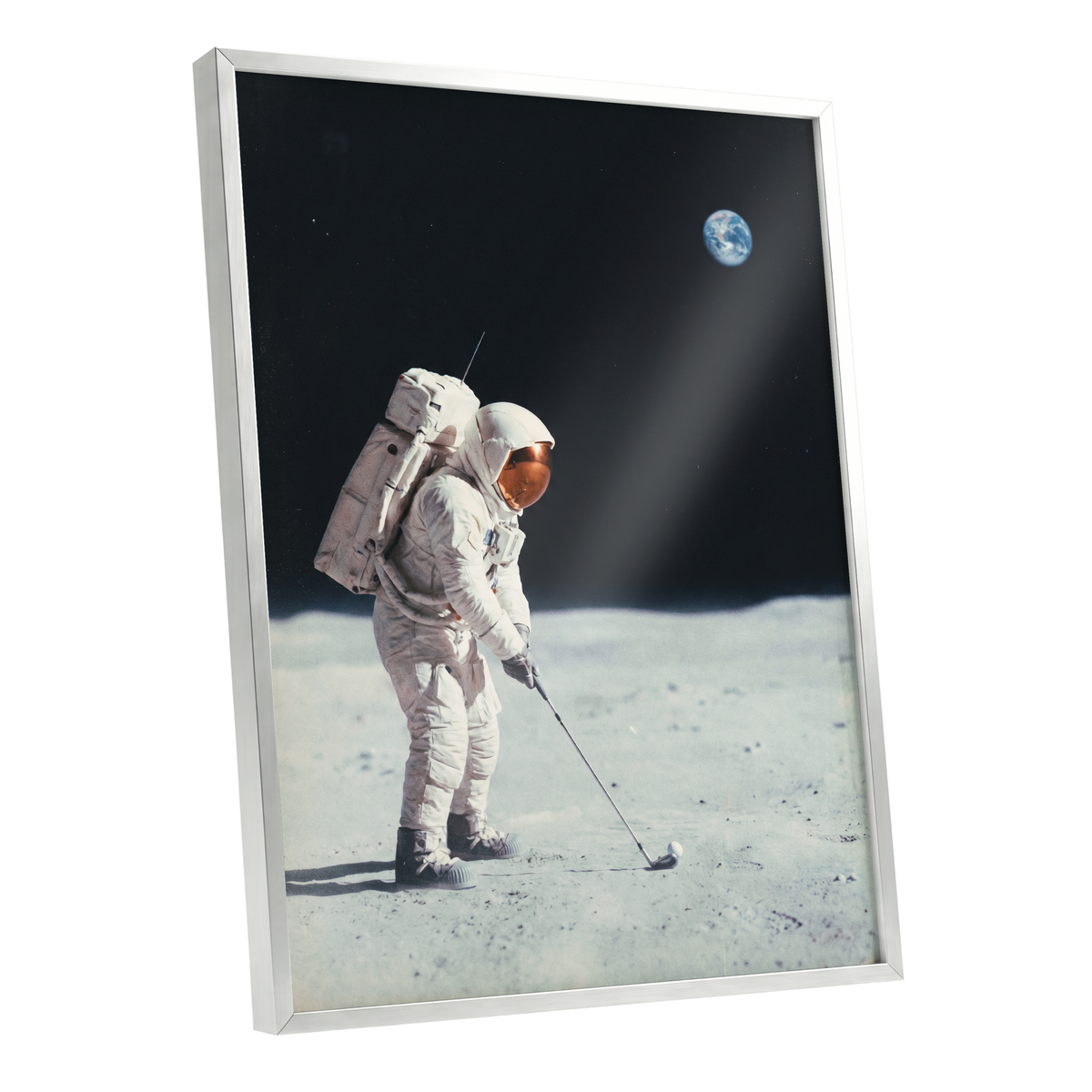 Lunar Tee Time, black, white, gray minimalist wall art shown as a silver framed poster wall art print