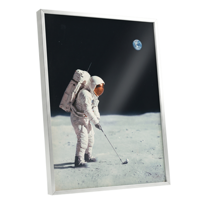 Lunar Tee Time, black, white, gray minimalist wall art shown as a silver framed poster wall art print