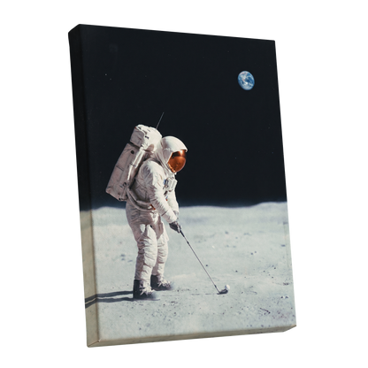 Lunar Tee Time, black, white, gray minimalist wall art shown as a stretched canvas wall art