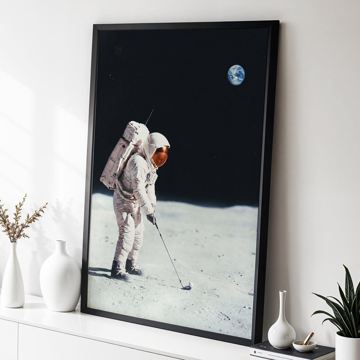 Lunar Tee Time, black, white, gray minimalist wall art displayed in a styled interior, gallery view 2