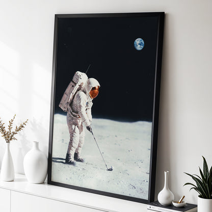 Lunar Tee Time, black, white, gray minimalist wall art displayed in a styled interior, gallery view 2