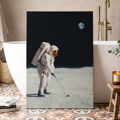 Lunar Tee Time, black, white, gray minimalist wall art displayed in a styled interior, gallery view 3