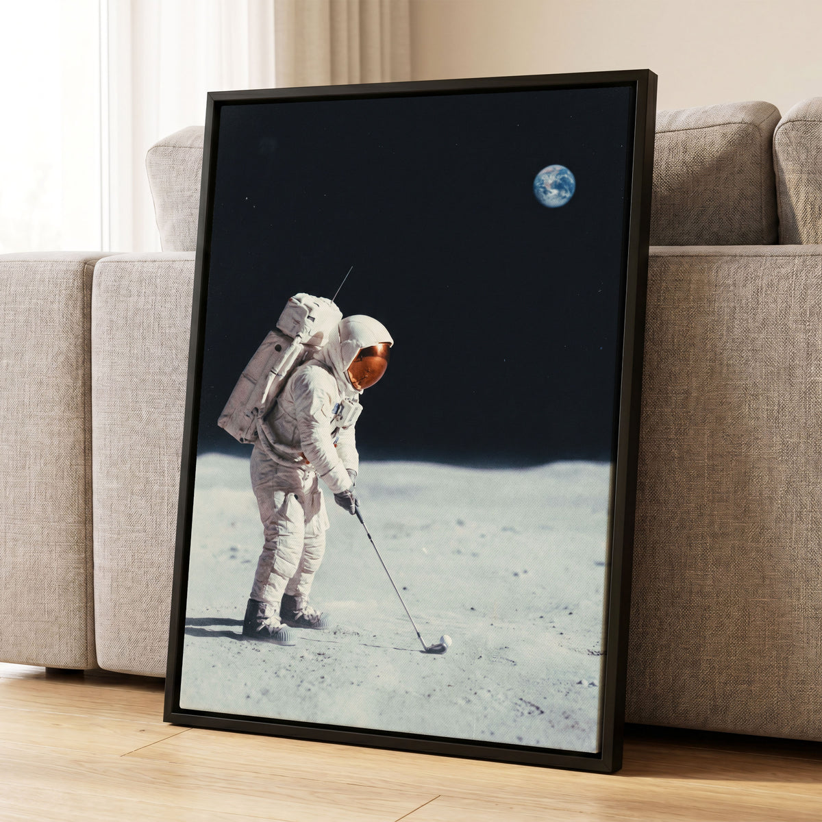 Lunar Tee Time, black, white, gray minimalist wall art displayed in a styled interior, gallery view 4