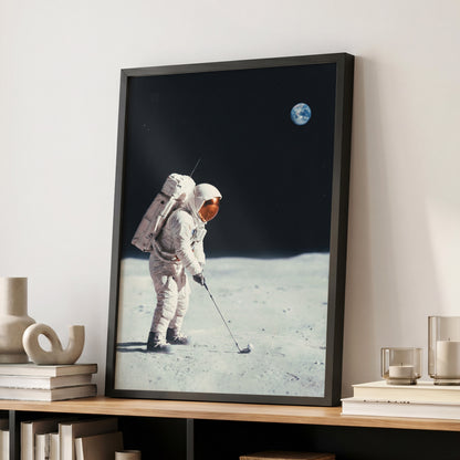 Lunar Tee Time, black, white, gray minimalist wall art displayed in a styled interior, gallery view 6