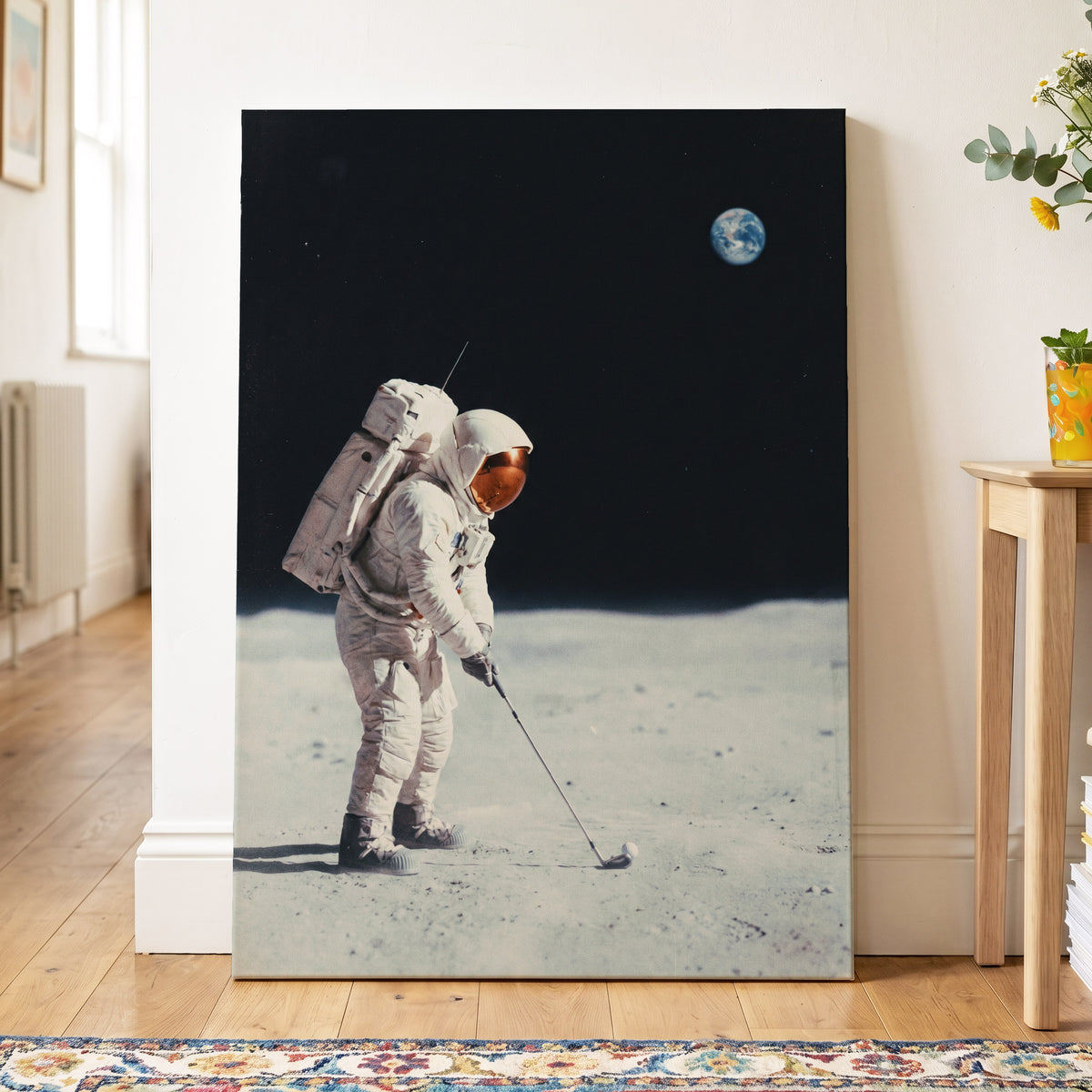 Lunar Tee Time, black, white, gray minimalist wall art displayed in a styled interior, gallery view 7