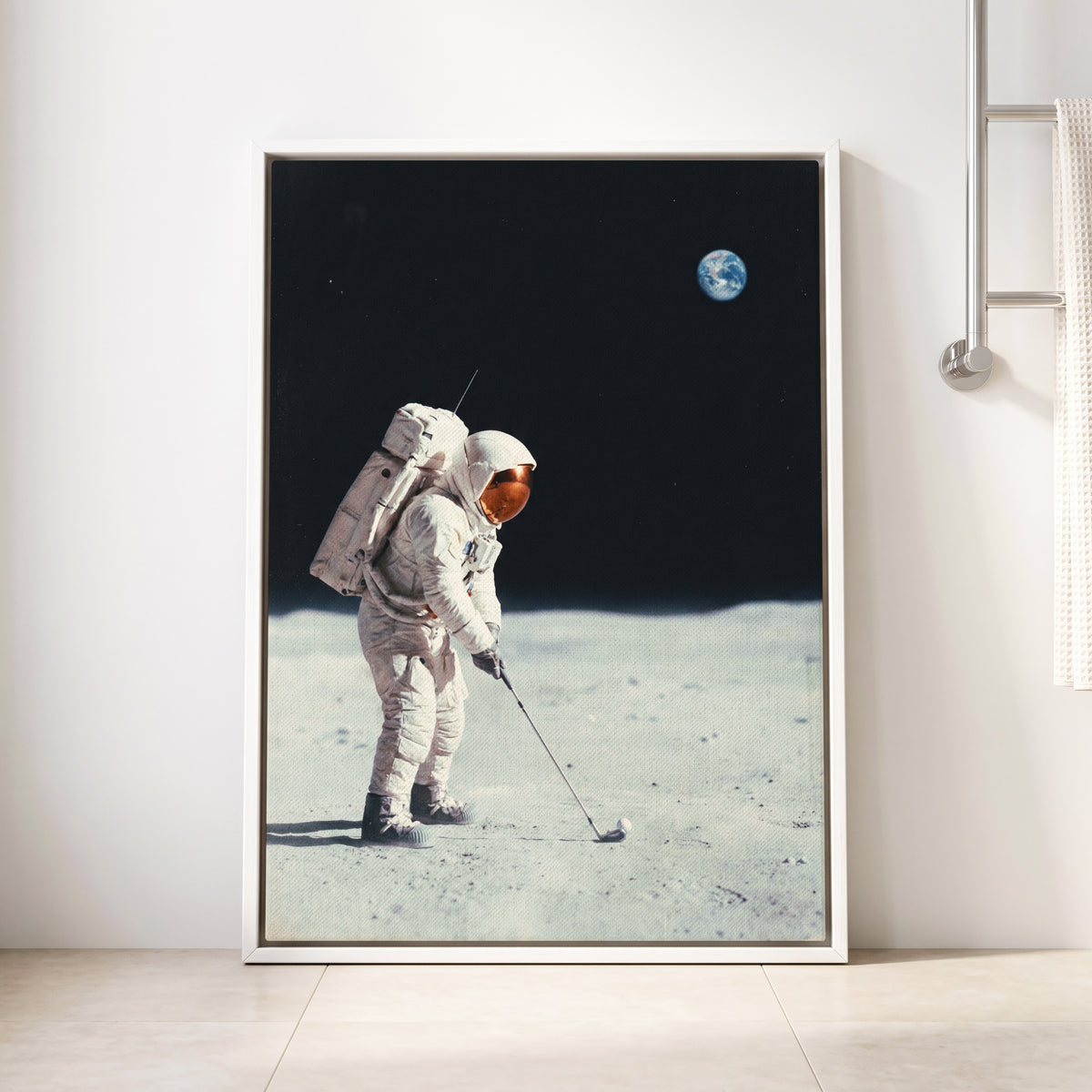 Lunar Tee Time, black, white, gray minimalist wall art displayed in a styled interior, gallery view 8