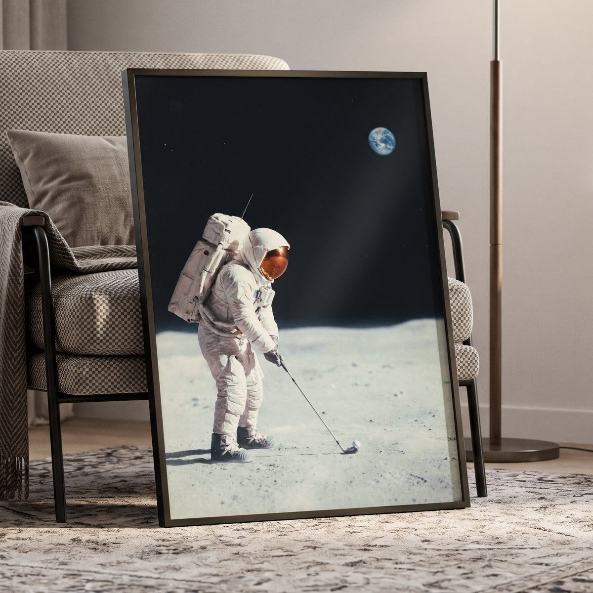 Lunar Tee Time, black, white, gray minimalist wall art displayed in a styled interior, gallery view 9