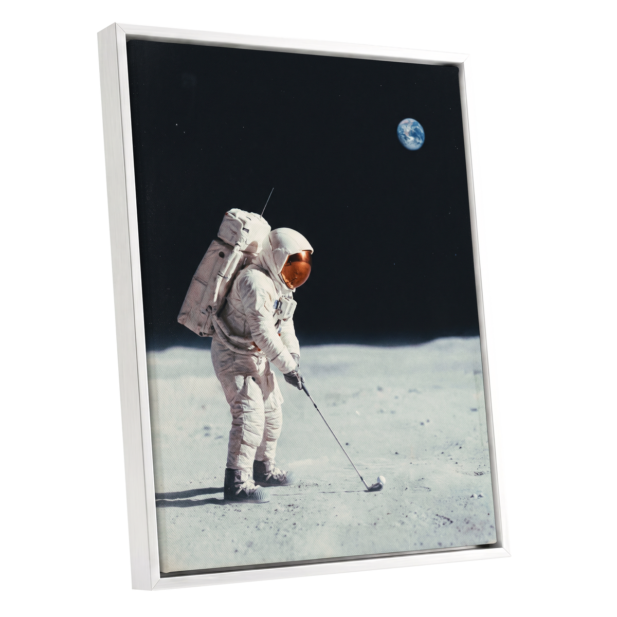 Lunar Tee Time, black, white, gray minimalist wall art shown as a white framed canvas wall art